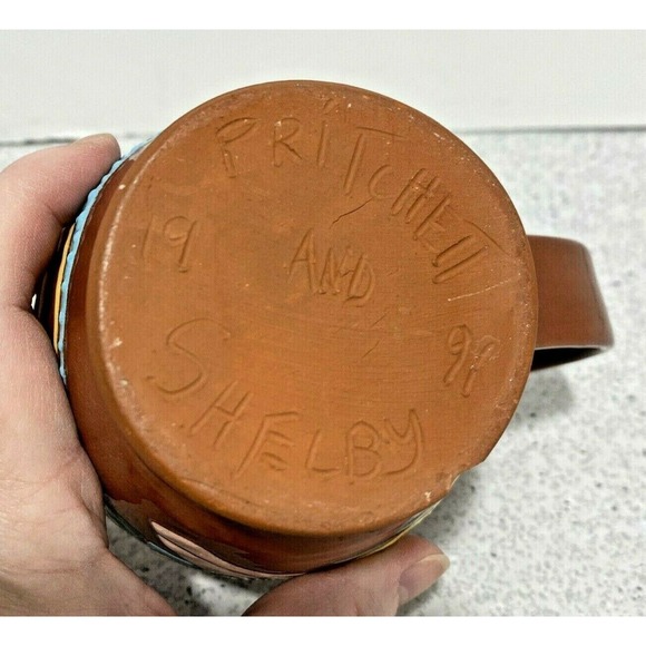 Pritchett & Shelby 1991 Art Pottery Mug redware colorful whimsical fish w/FLAW - Picture 10 of 11